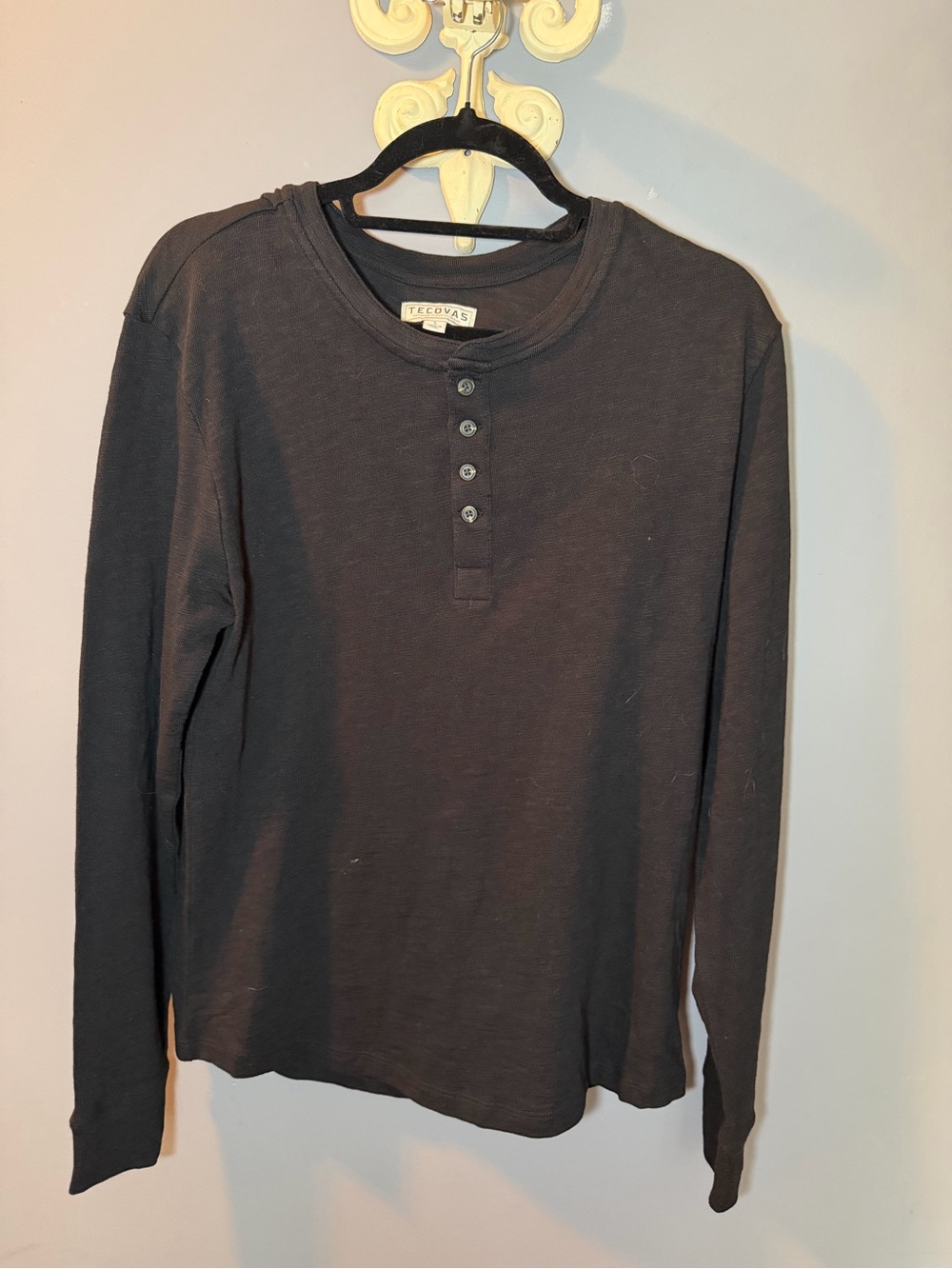 Tecovas Black Crewneck Henley-Style Knit Top 100% Cotton